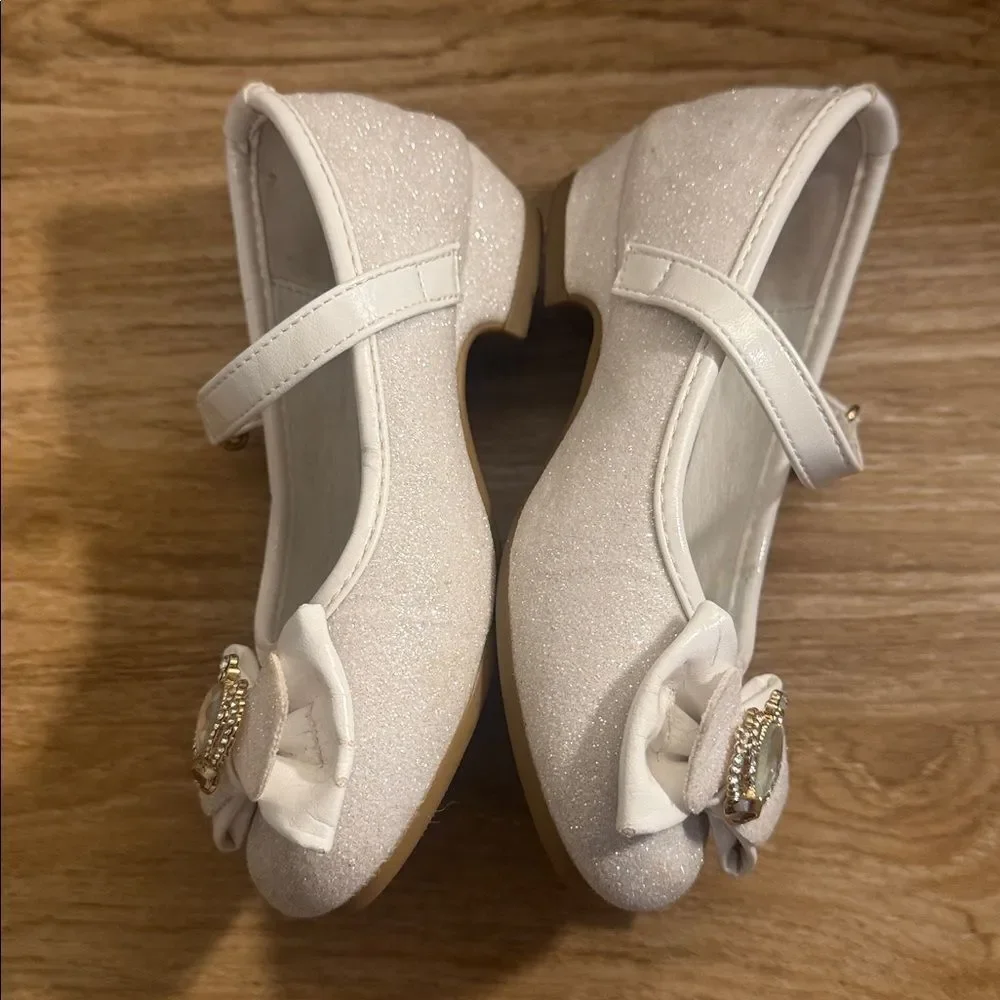 Stelle Flower Girl White Glittery Princess Crown Mary Jane Dress Shoes Size 10